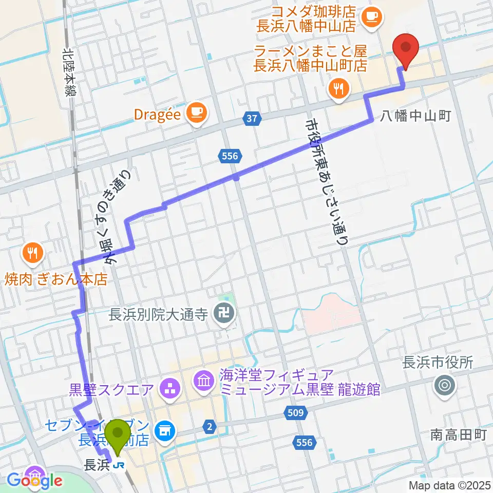 イケダ光音堂の最寄駅長浜駅からの徒歩ルート（約30分）地図