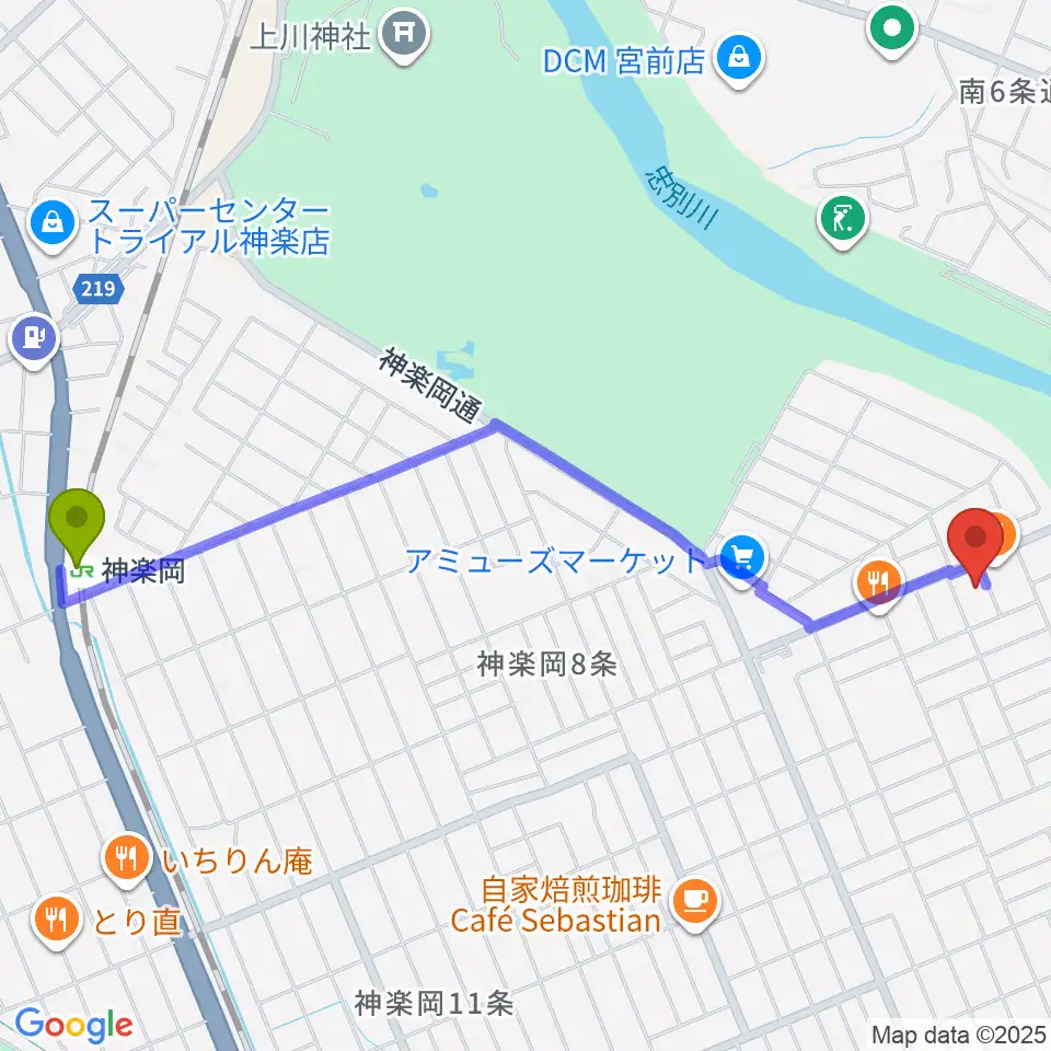 はやさか音楽教室の最寄駅神楽岡駅からの徒歩ルート（約24分）地図