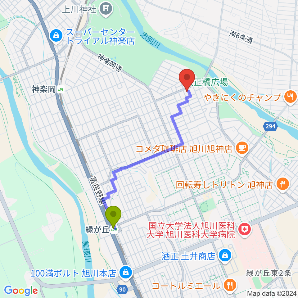 緑が丘駅からはやさか音楽教室へのルートマップ地図