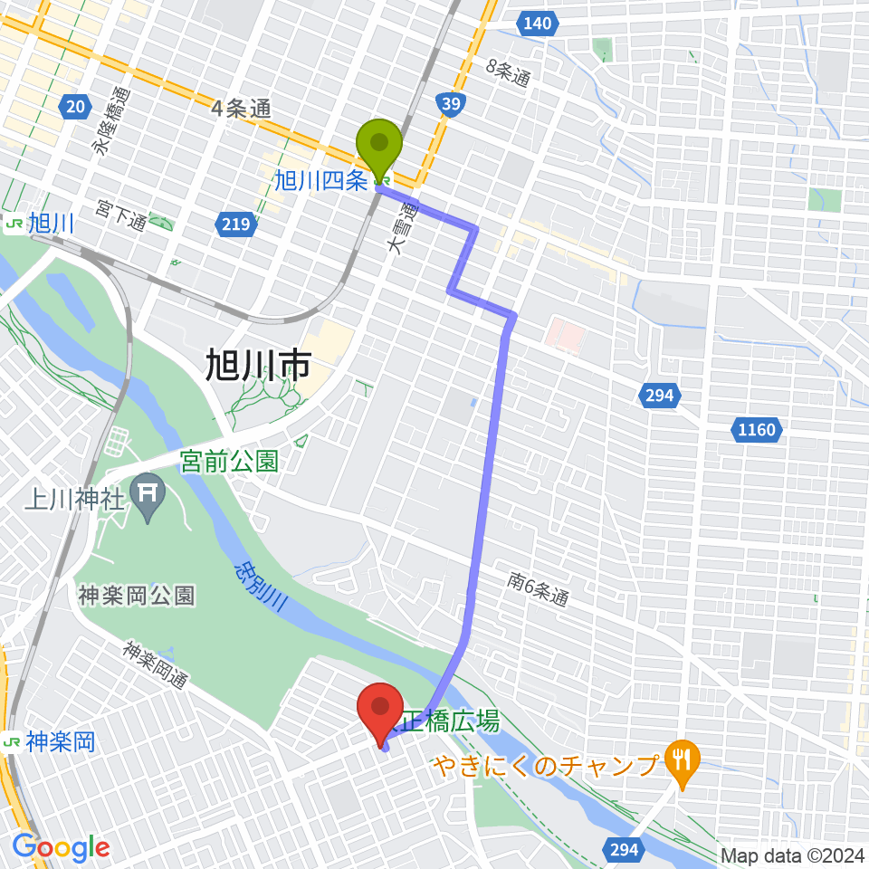 旭川四条駅からはやさか音楽教室へのルートマップ地図
