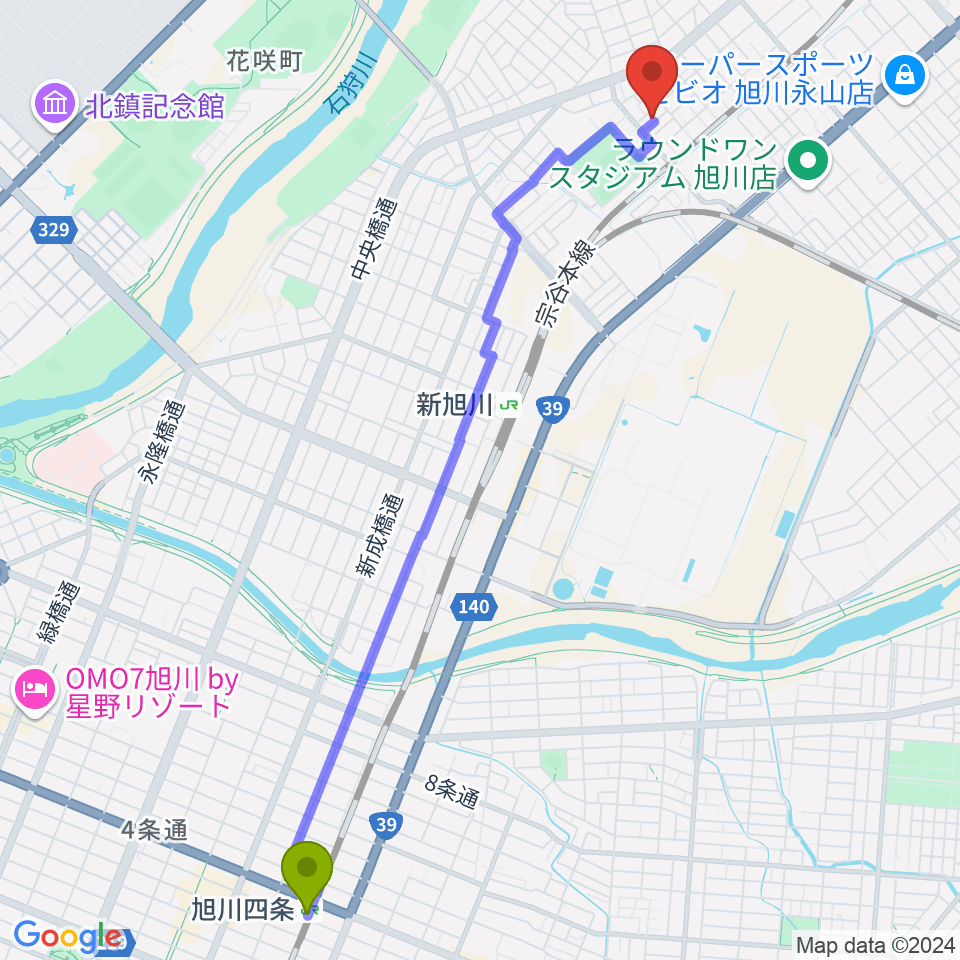 旭川四条駅からいのうえピアノエレクトーン教室へのルートマップ地図