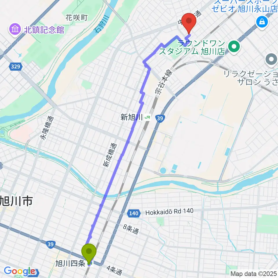 旭川四条駅からいのうえピアノエレクトーン教室へのルートマップ地図