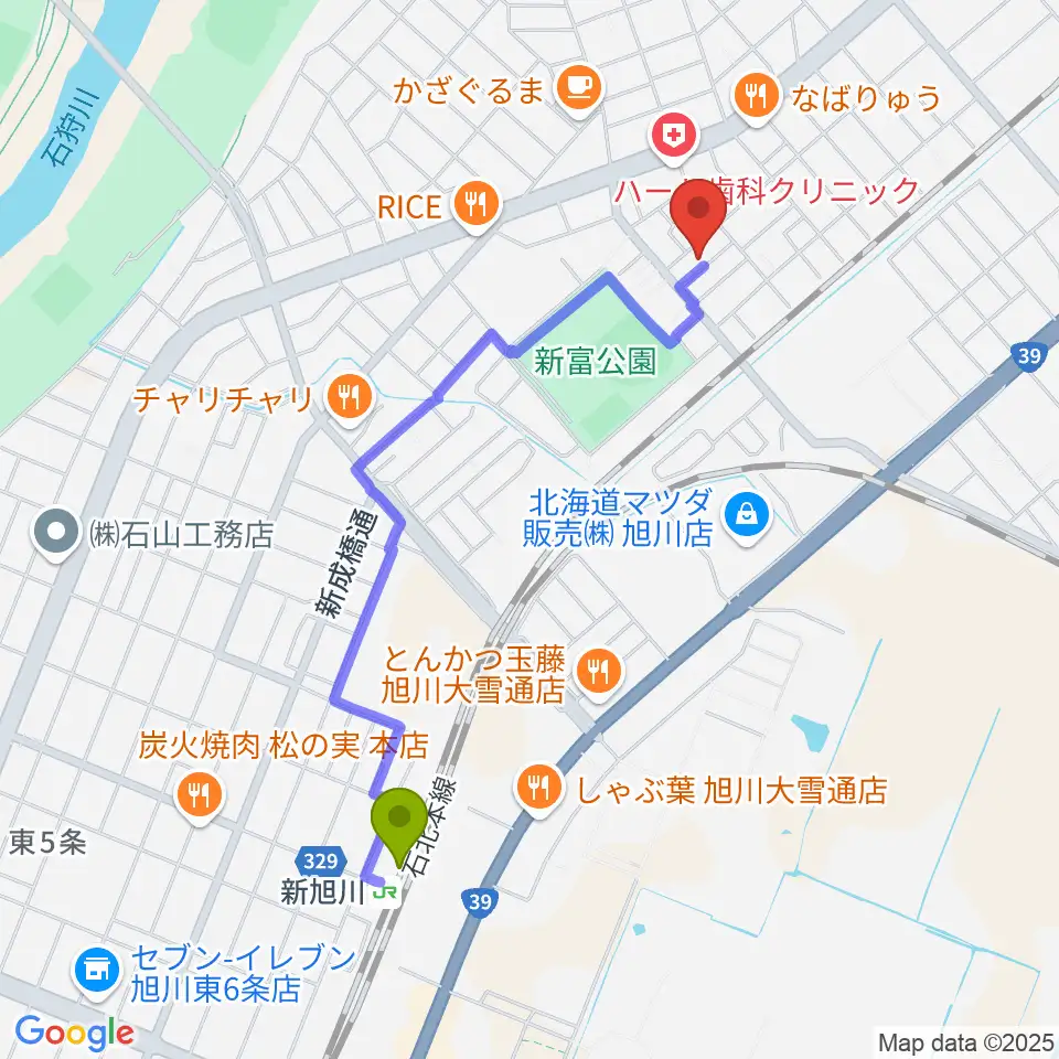 いのうえピアノエレクトーン教室の最寄駅新旭川駅からの徒歩ルート（約18分）地図