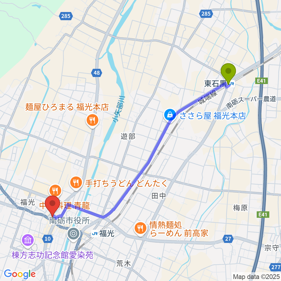 東石黒駅から音楽堂福光スタジオベルへのルートマップ地図