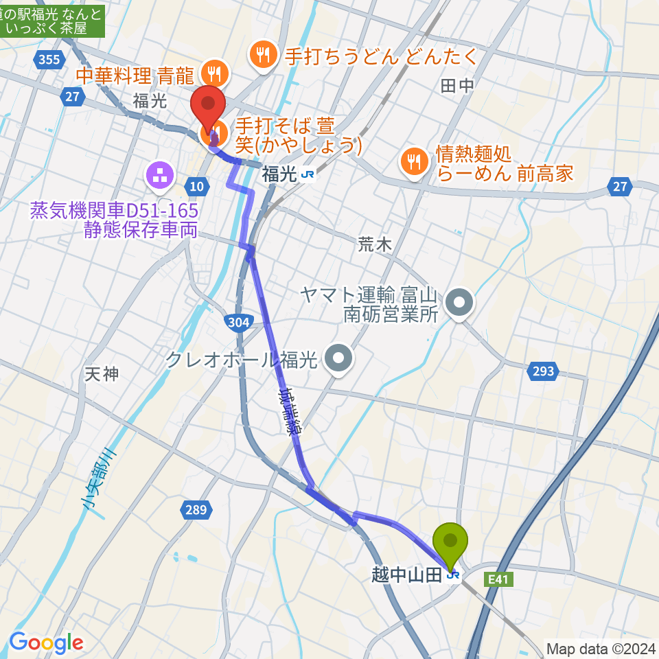 越中山田駅から音楽堂福光スタジオベルへのルートマップ地図