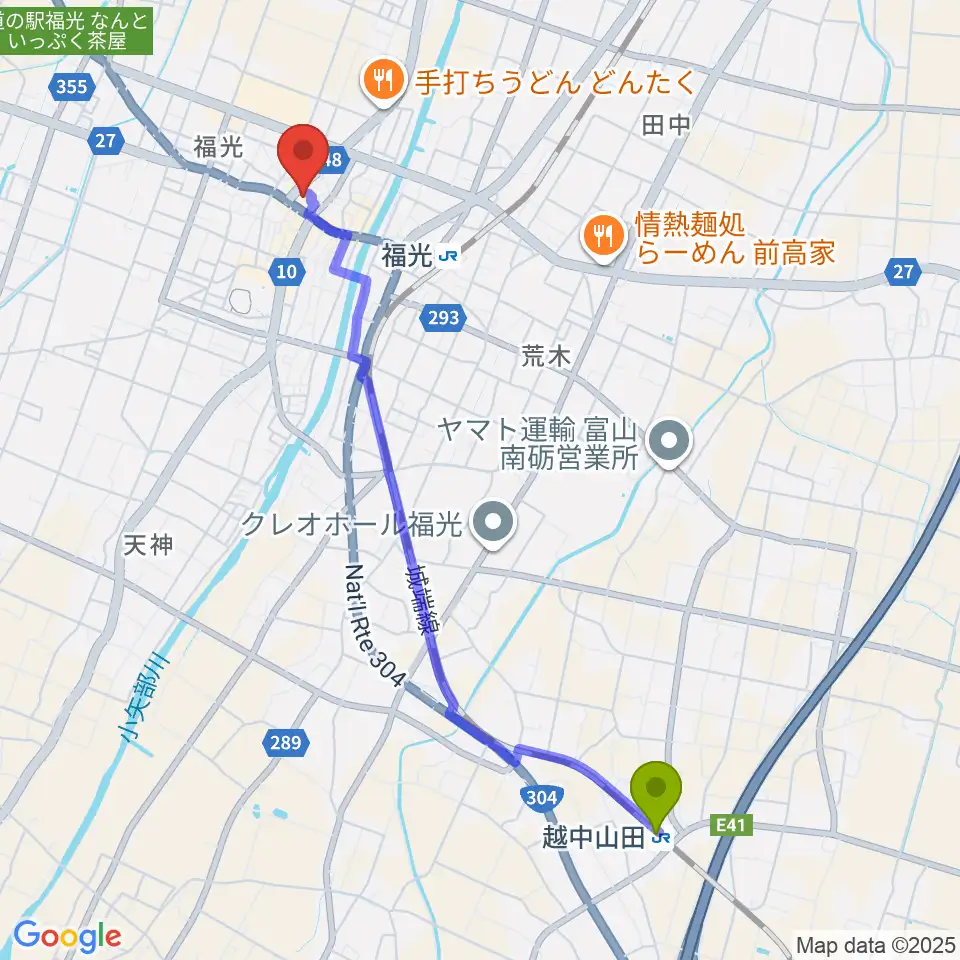 越中山田駅から音楽堂福光スタジオベルへのルートマップ地図