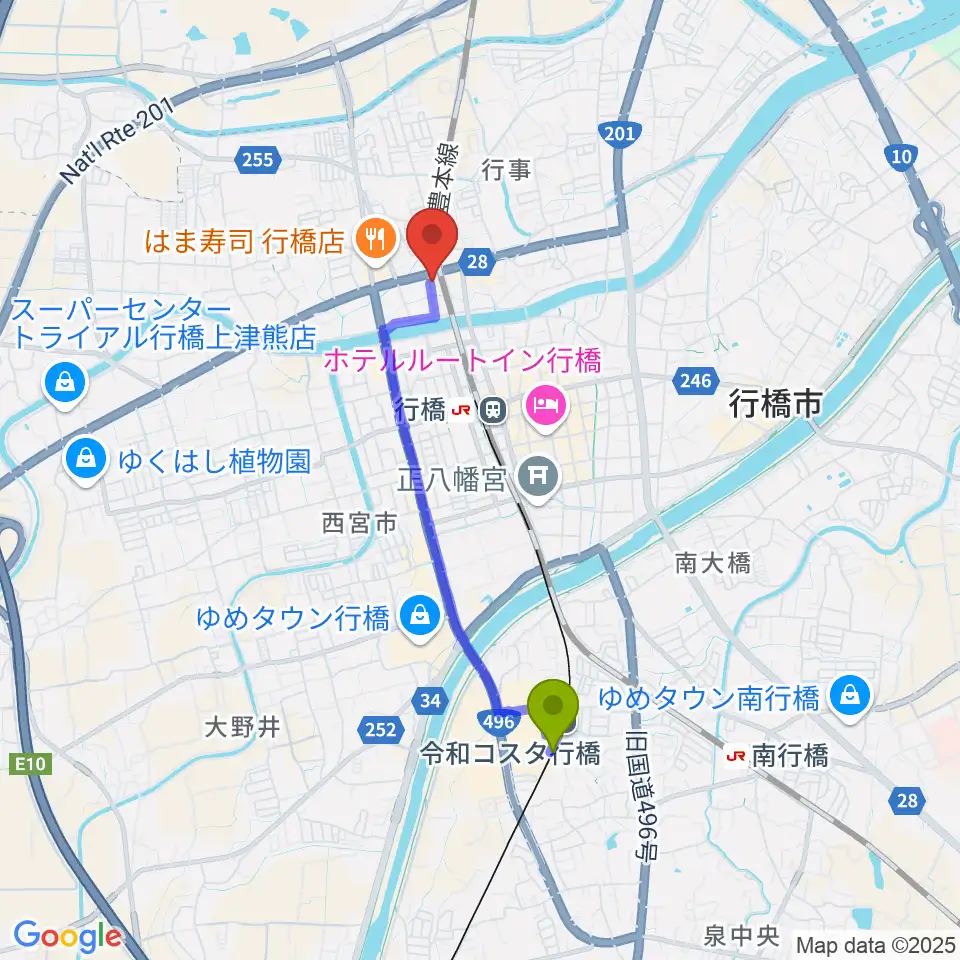 令和コスタ行橋駅からソアラ楽器へのルートマップ地図