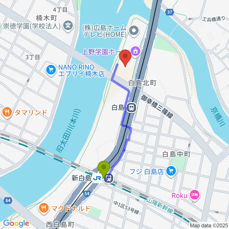 新白島駅から上野学園ホールへのルートマップ地図
