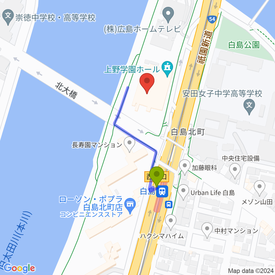 上野学園ホールの最寄駅白島駅からの徒歩ルート（約3分）地図