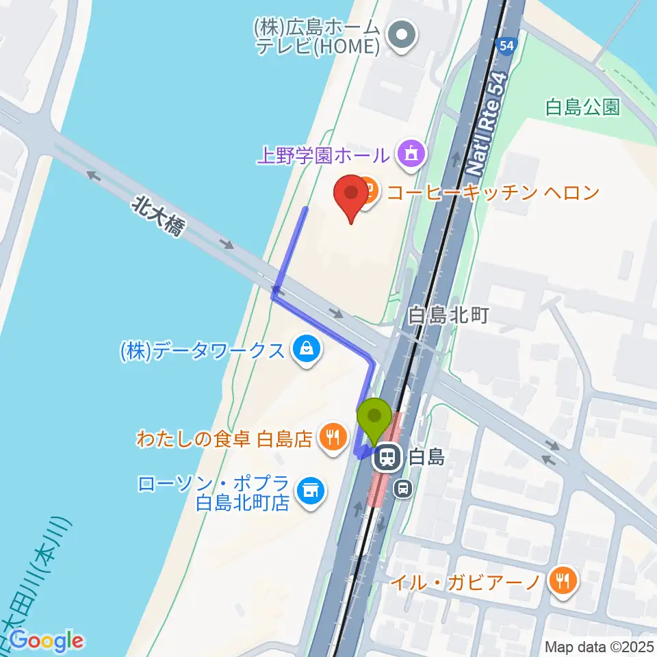上野学園ホールの最寄駅白島駅からの徒歩ルート（約3分）地図