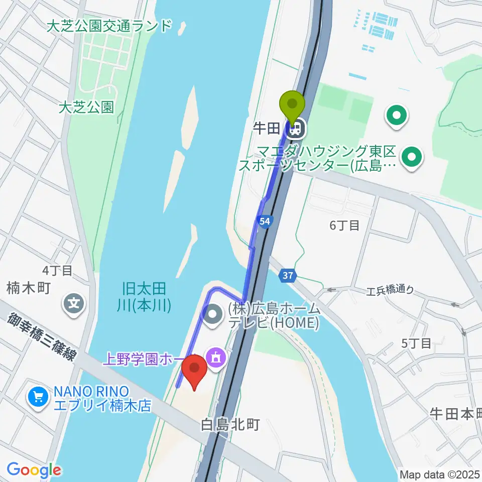 牛田駅から上野学園ホールへのルートマップ地図