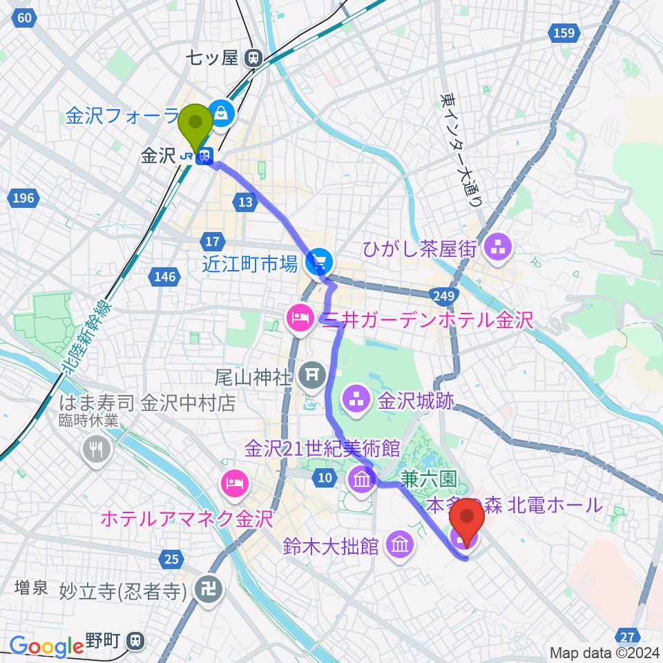 金沢駅から本多の森北電ホールへのルートマップ地図