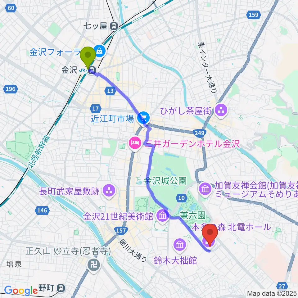 金沢駅から本多の森北電ホールへのルートマップ地図