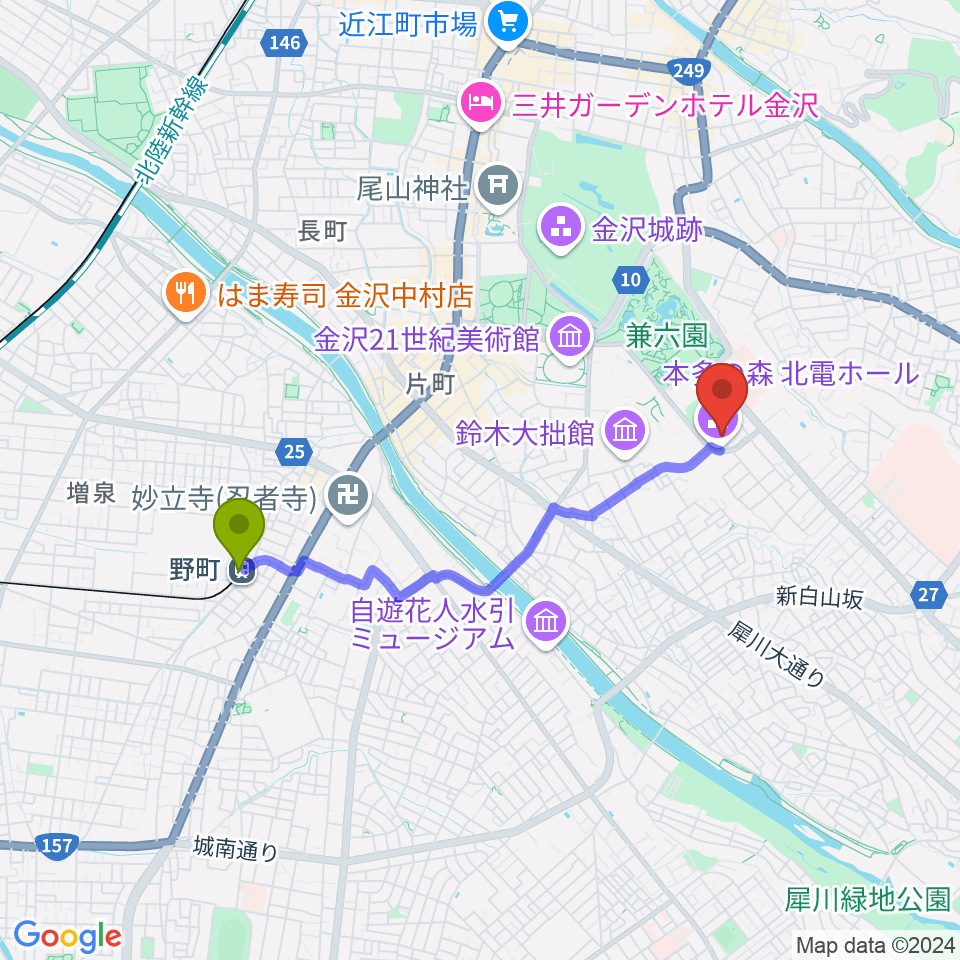 本多の森北電ホールの最寄駅野町駅からの徒歩ルート（約32分）地図