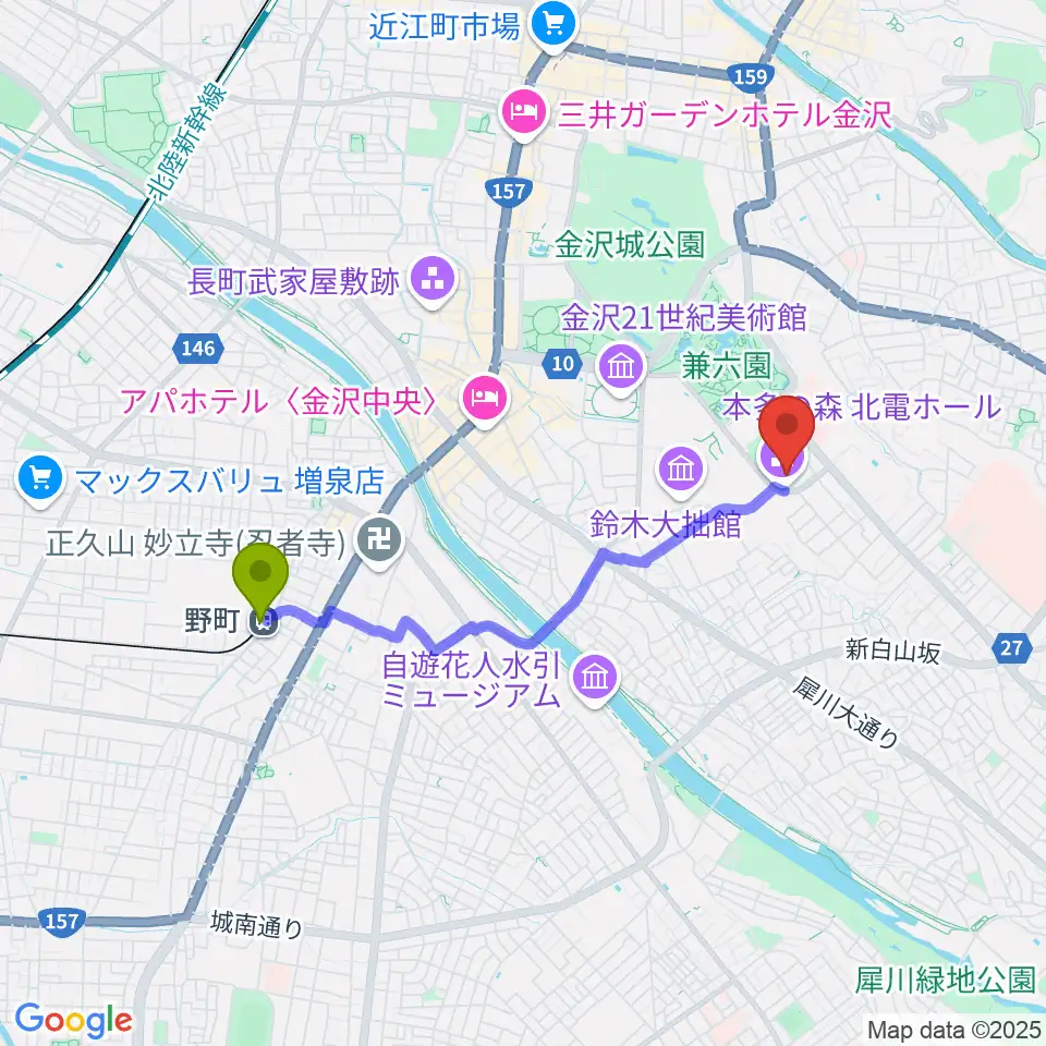 本多の森北電ホールの最寄駅野町駅からの徒歩ルート（約32分）地図