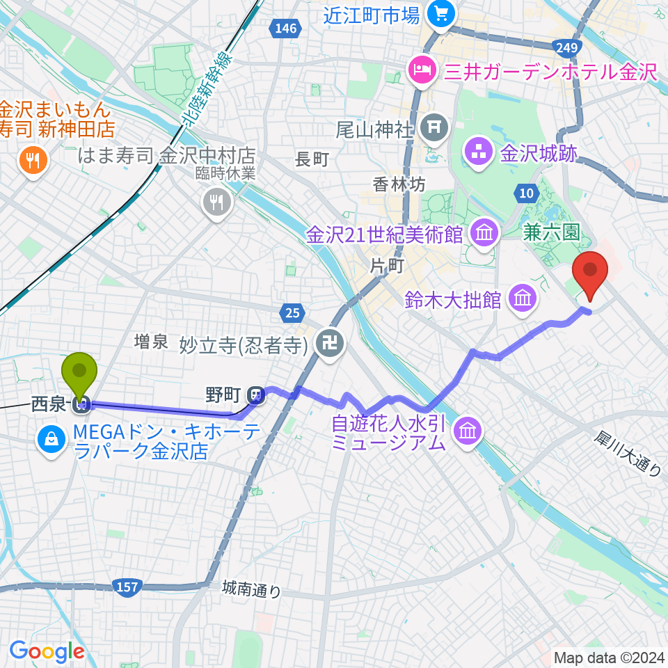 西泉駅から本多の森北電ホールへのルートマップ地図