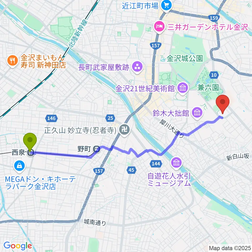 西泉駅から本多の森北電ホールへのルートマップ地図