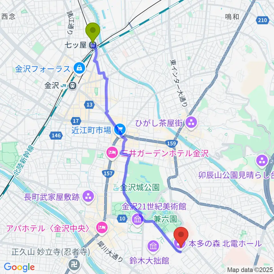 七ツ屋駅から本多の森北電ホールへのルートマップ地図