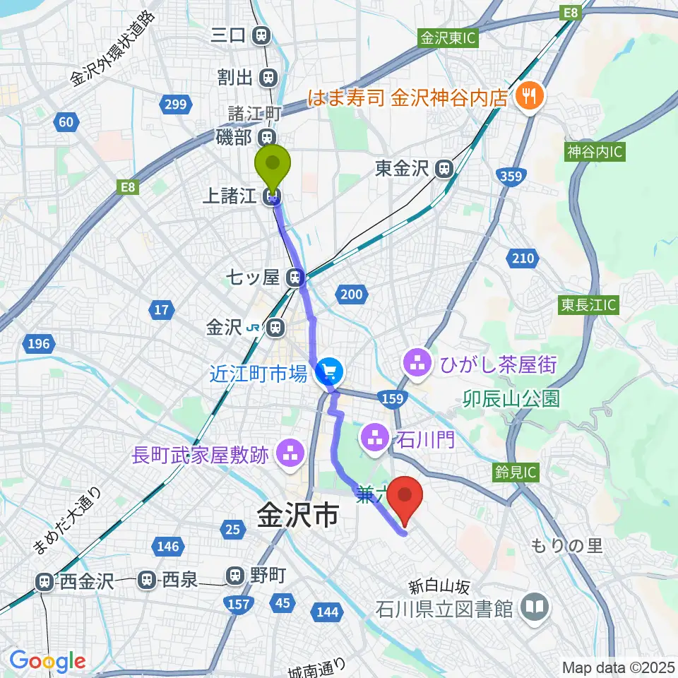 上諸江駅から本多の森北電ホールへのルートマップ地図