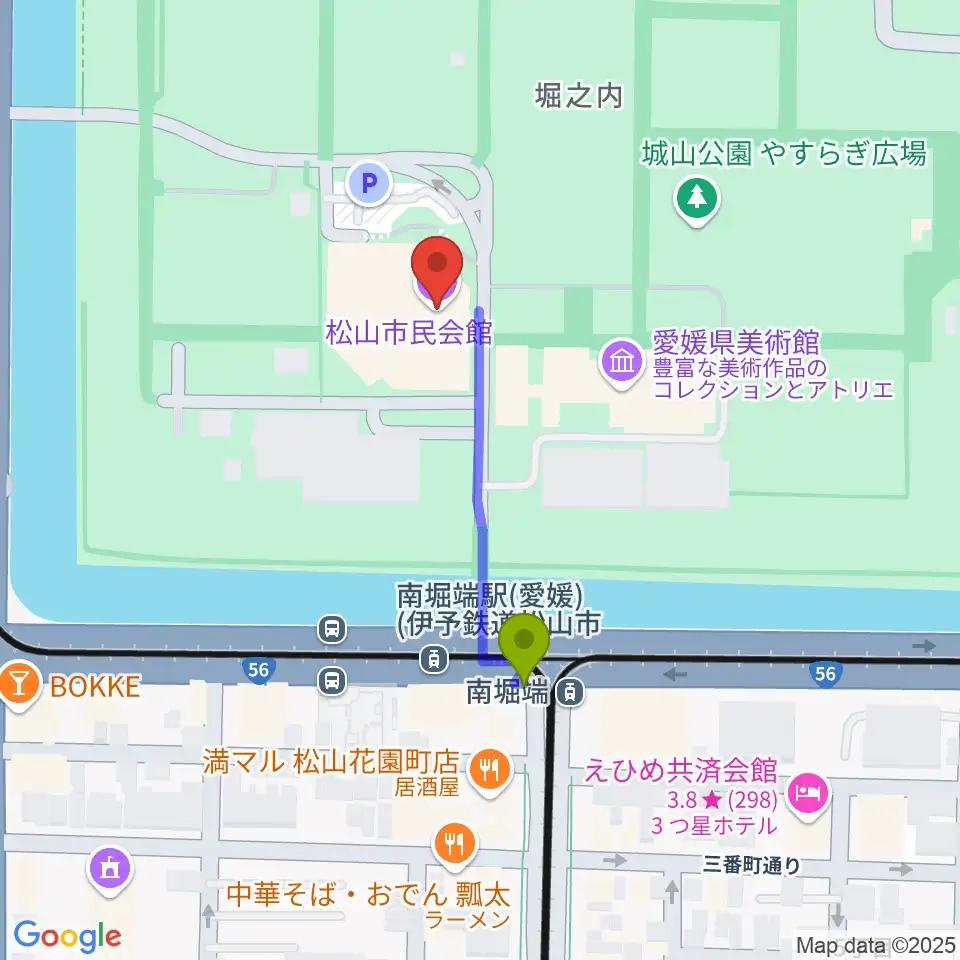 松山市民会館の最寄駅南堀端駅からの徒歩ルート（約3分）地図