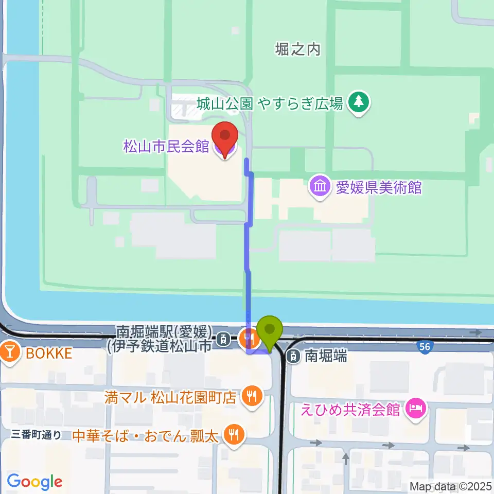 松山市民会館の最寄駅南堀端駅からの徒歩ルート（約3分）地図