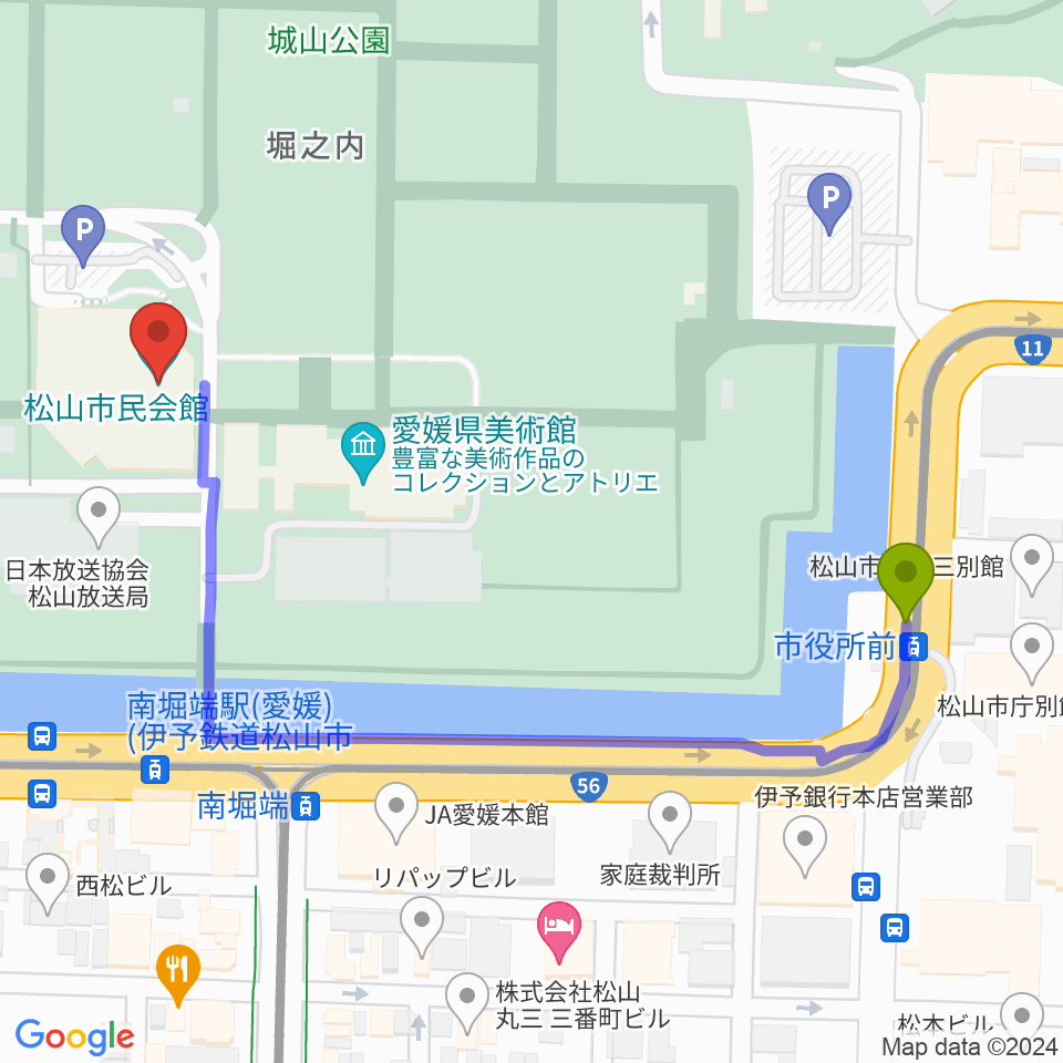 市役所前駅から松山市民会館へのルートマップ地図