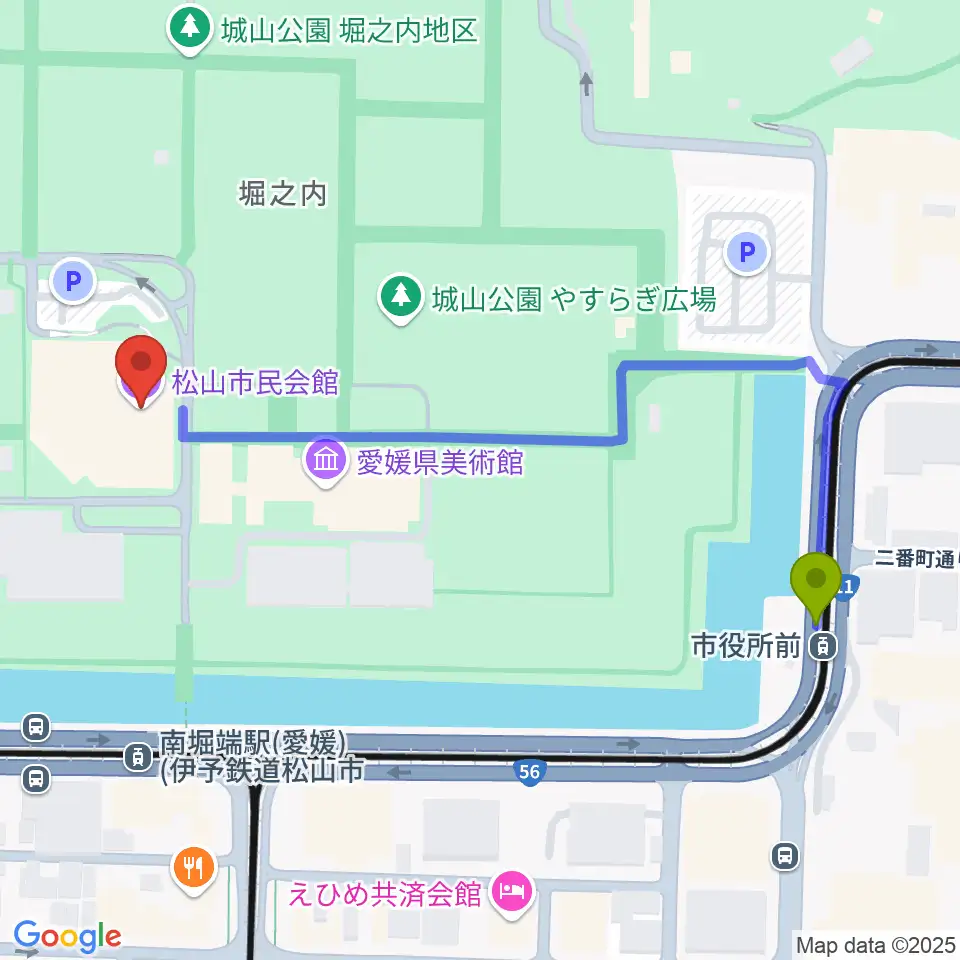 市役所前駅から松山市民会館へのルートマップ地図
