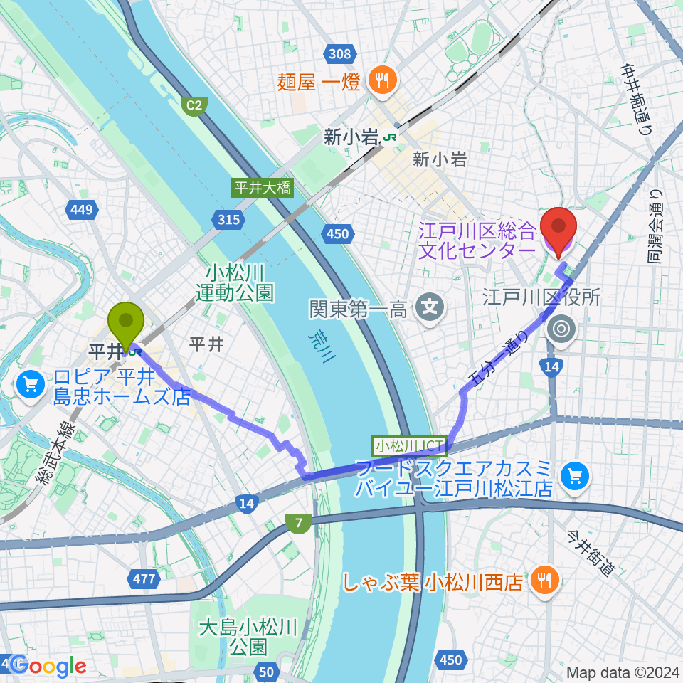 平井駅から江戸川区総合文化センターへのルートマップ地図