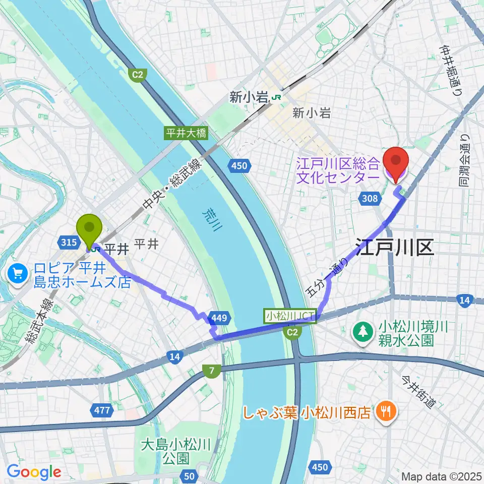平井駅から江戸川区総合文化センターへのルートマップ地図