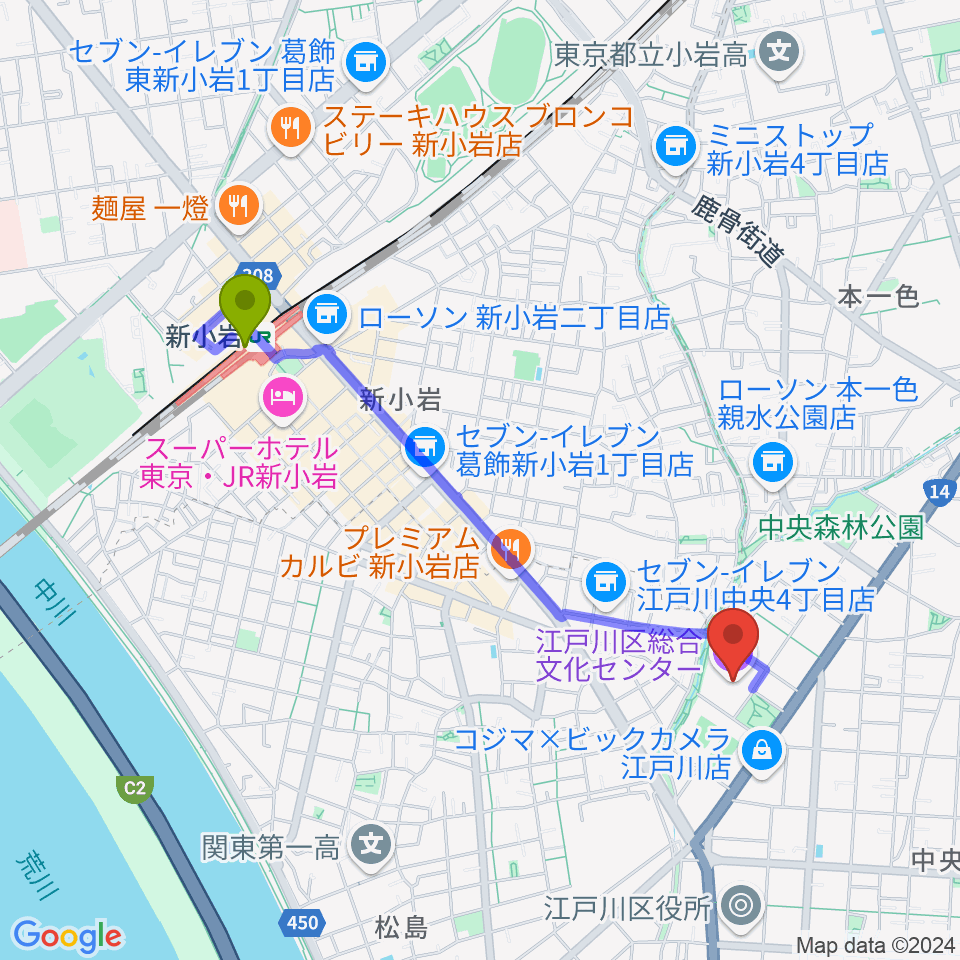 江戸川区総合文化センターの最寄駅新小岩駅からの徒歩ルート（約19分）地図