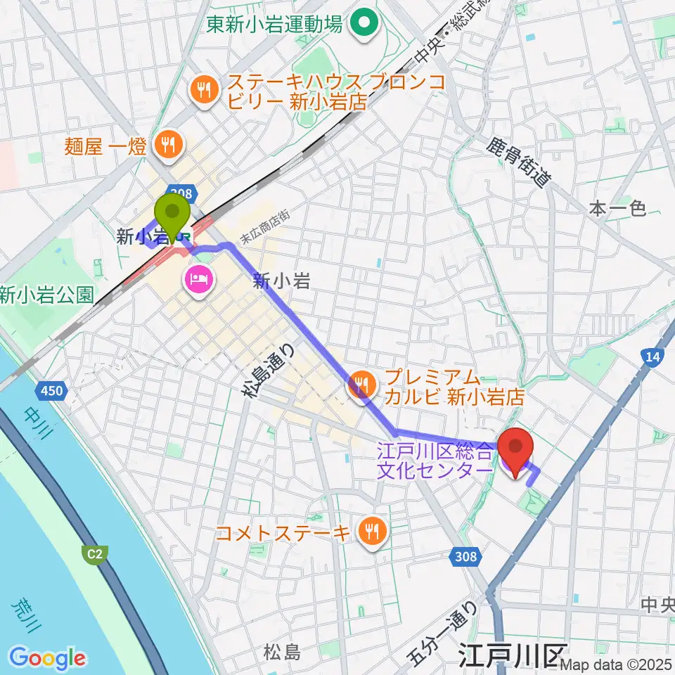 江戸川区総合文化センターの最寄駅新小岩駅からの徒歩ルート（約19分）地図