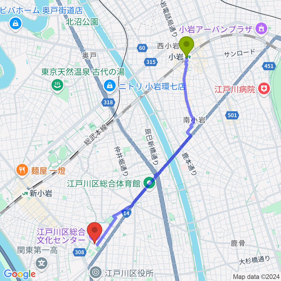 小岩駅から江戸川区総合文化センターへのルートマップ地図