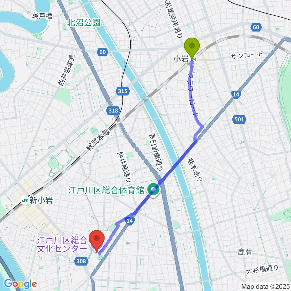 小岩駅から江戸川区総合文化センターへのルートマップ地図