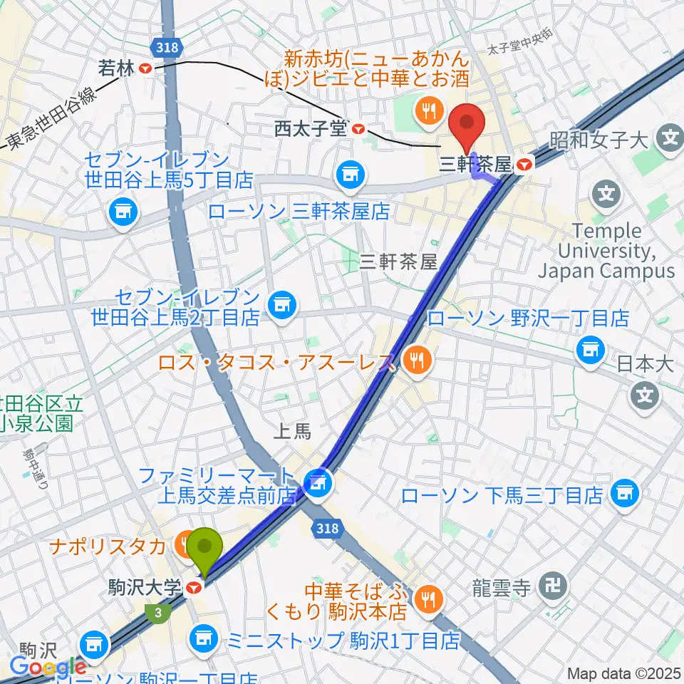 駒沢大学駅から世田谷パブリックシアターへのルートマップ地図