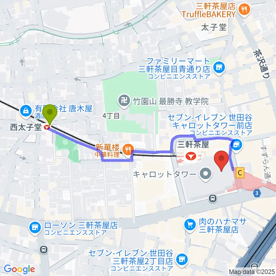 西太子堂駅から世田谷パブリックシアターへのルートマップ地図