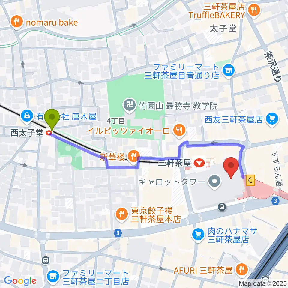 西太子堂駅から世田谷パブリックシアターへのルートマップ地図
