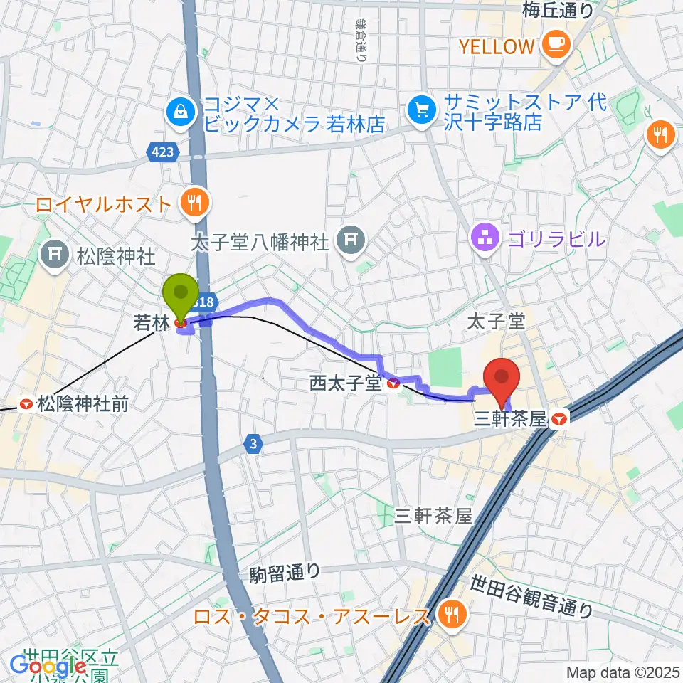 若林駅から世田谷パブリックシアターへのルートマップ地図