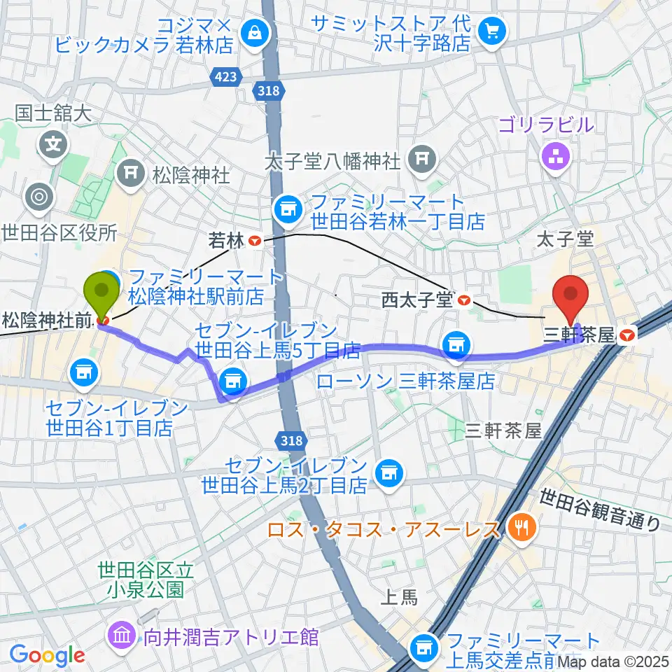 松陰神社前駅から世田谷パブリックシアターへのルートマップ地図