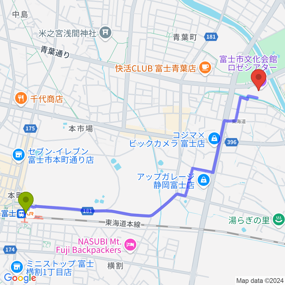 富士市文化会館ロゼシアターの最寄駅富士駅からの徒歩ルート（約29分）地図