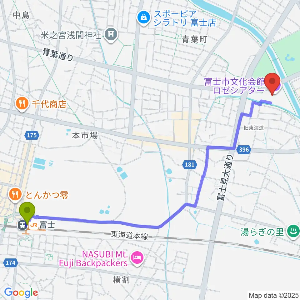 富士市文化会館ロゼシアターの最寄駅富士駅からの徒歩ルート（約29分）地図