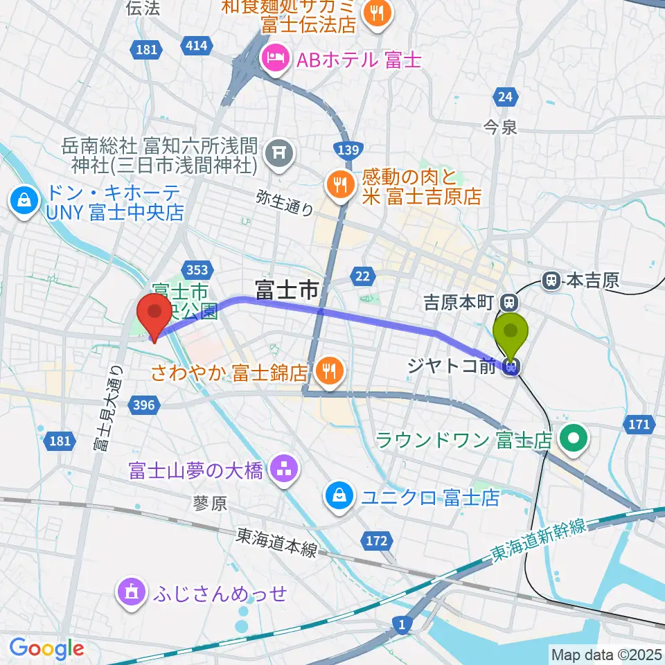 ジヤトコ前（ジヤトコ１地区前）駅から富士市文化会館ロゼシアターへのルートマップ地図