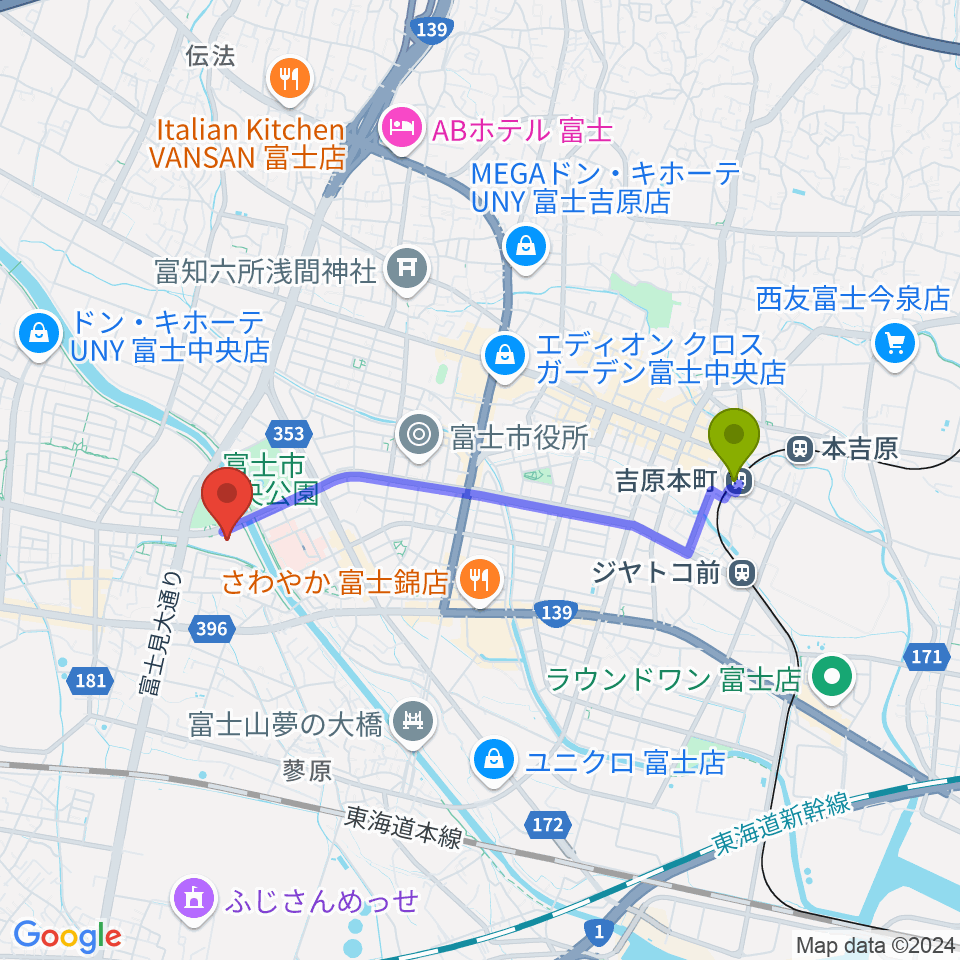 吉原本町駅から富士市文化会館ロゼシアターへのルートマップ地図