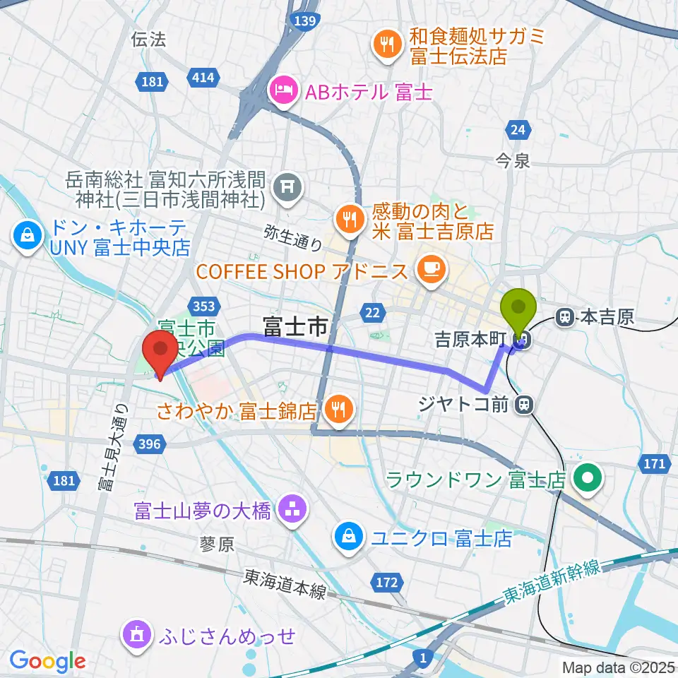 吉原本町駅から富士市文化会館ロゼシアターへのルートマップ地図