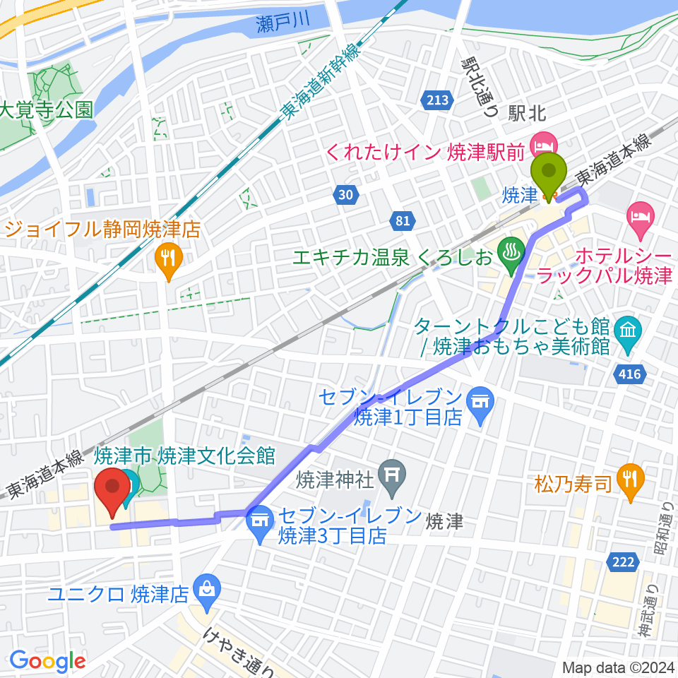 焼津文化会館の最寄駅焼津駅からの徒歩ルート（約25分）地図