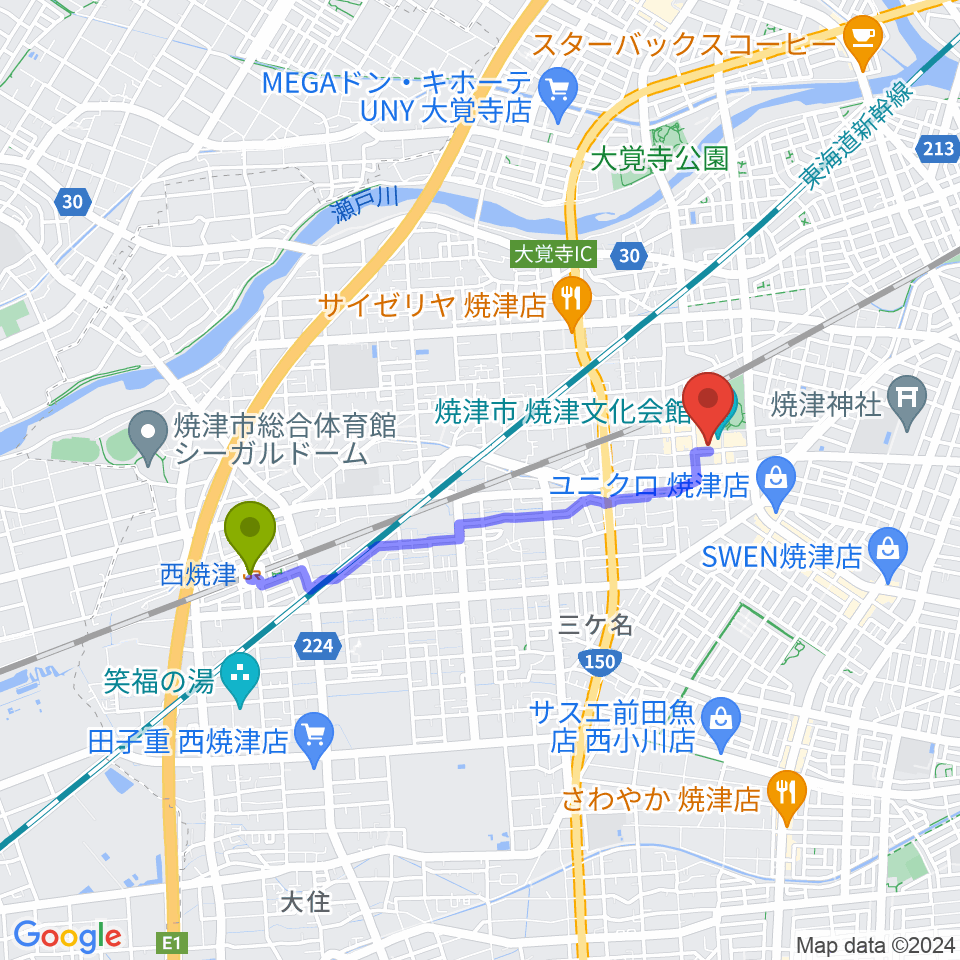 西焼津駅から焼津文化会館へのルートマップ地図