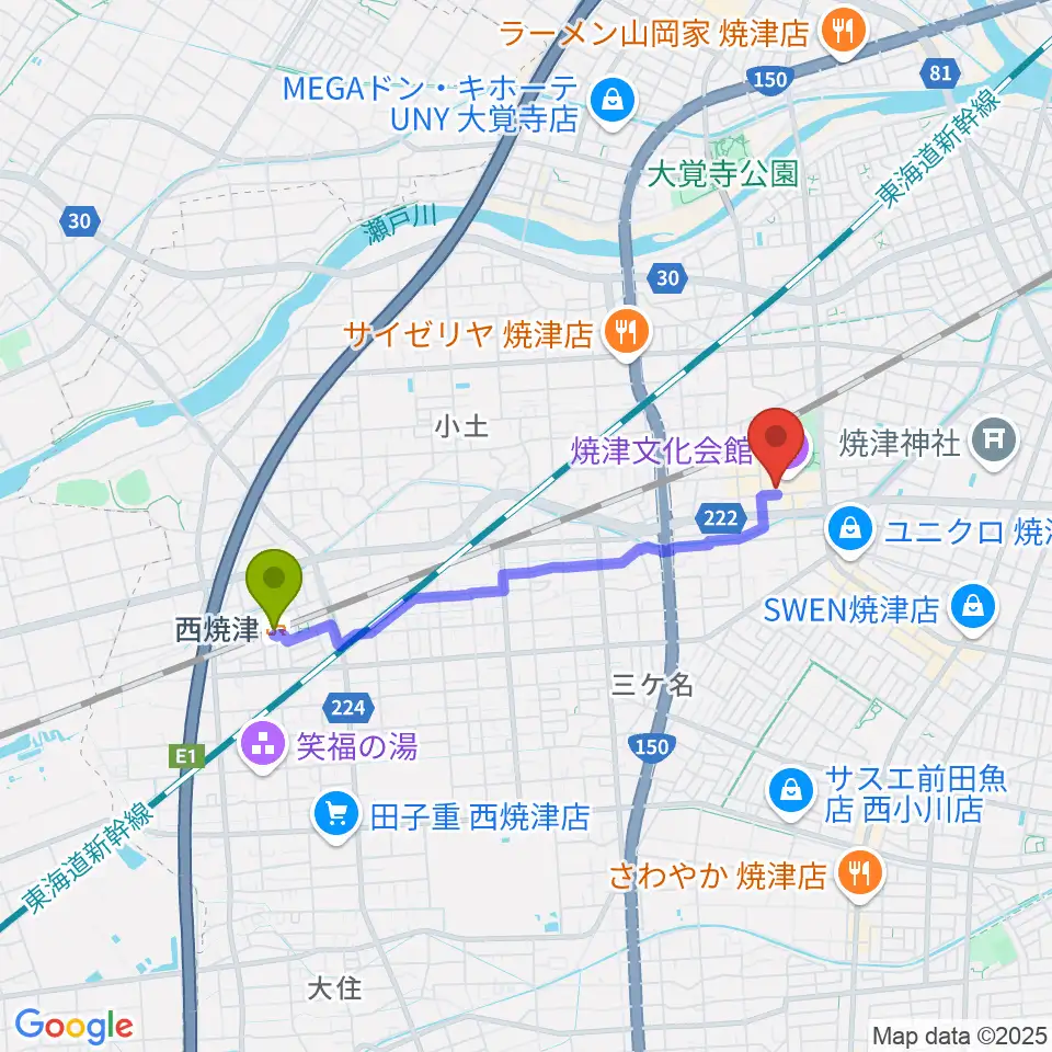 西焼津駅から焼津文化会館へのルートマップ地図