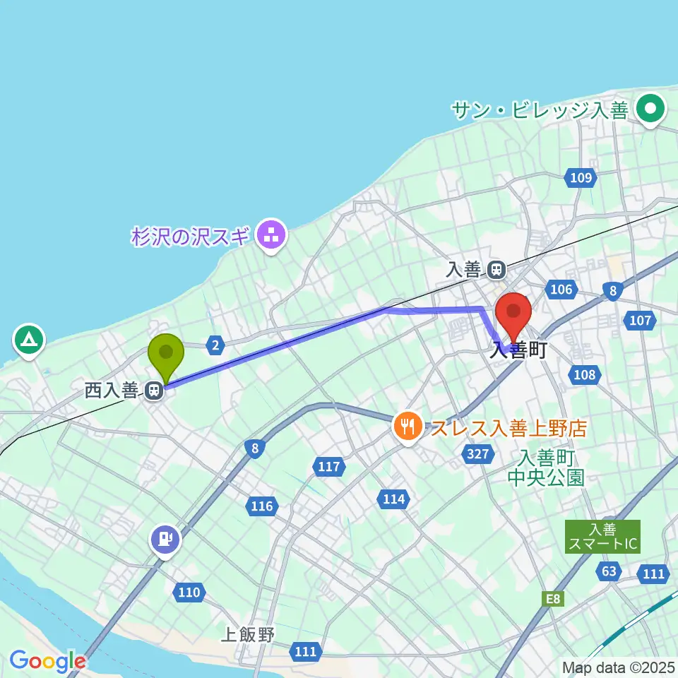 西入善駅から入善町民会館コスモホールへのルートマップ地図
