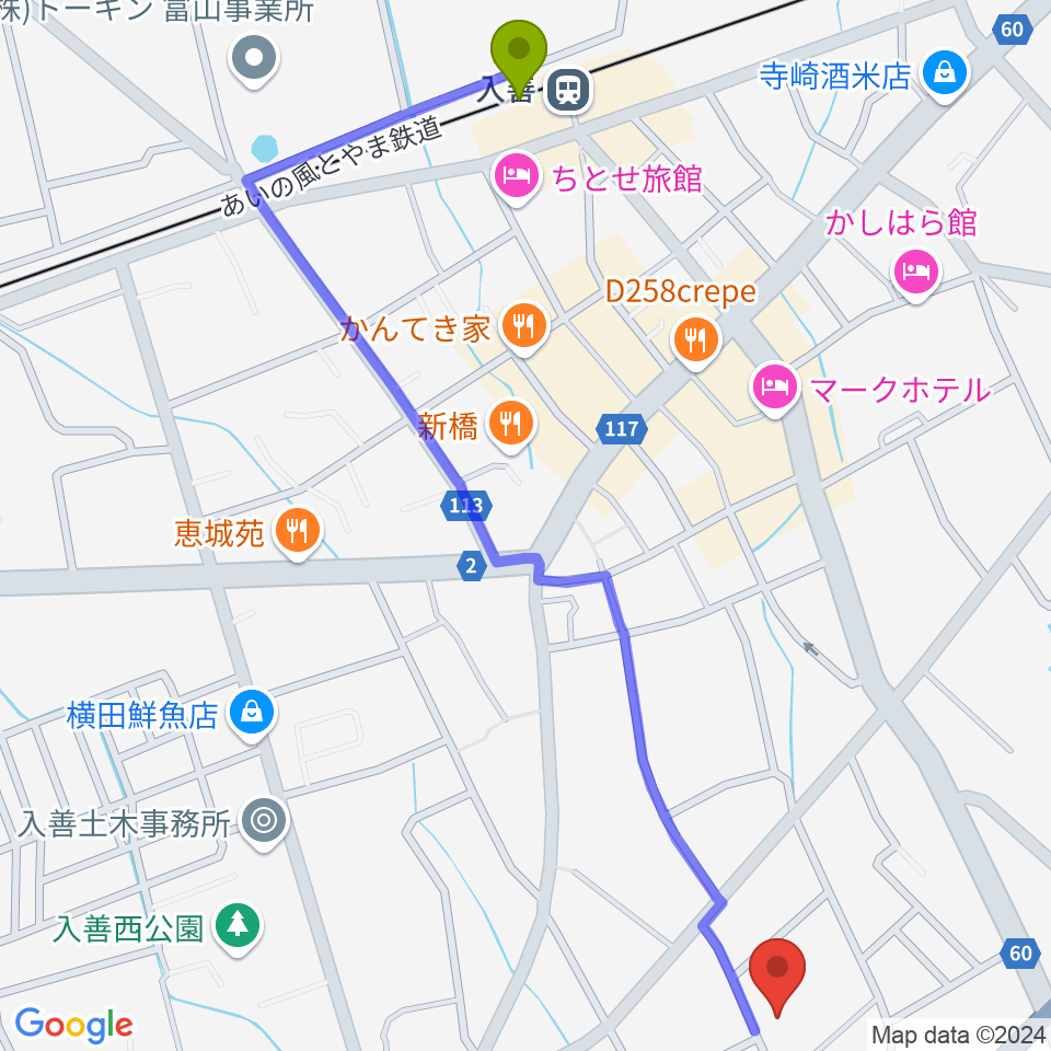 入善町民会館コスモホールの最寄駅入善駅からの徒歩ルート（約14分）地図