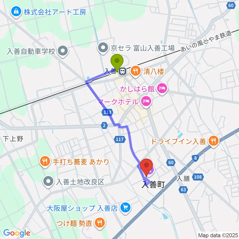 入善町民会館コスモホールの最寄駅入善駅からの徒歩ルート（約14分）地図