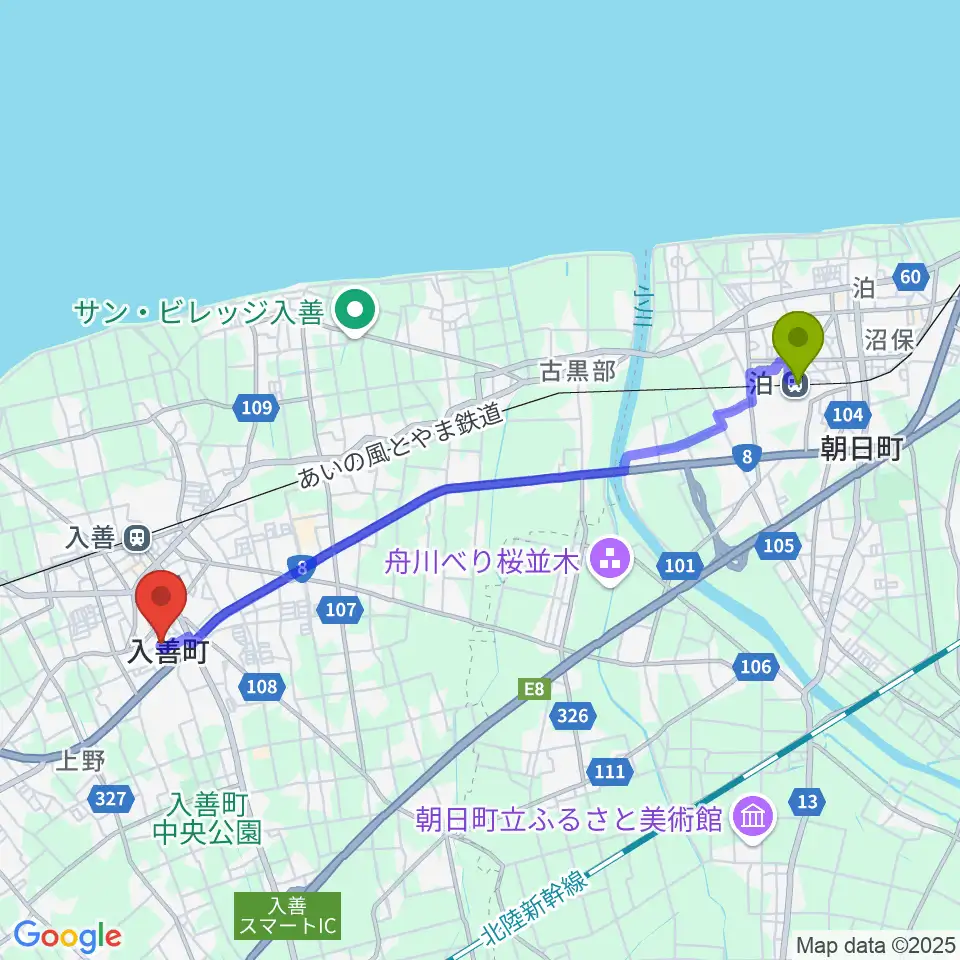 泊駅から入善町民会館コスモホールへのルートマップ地図